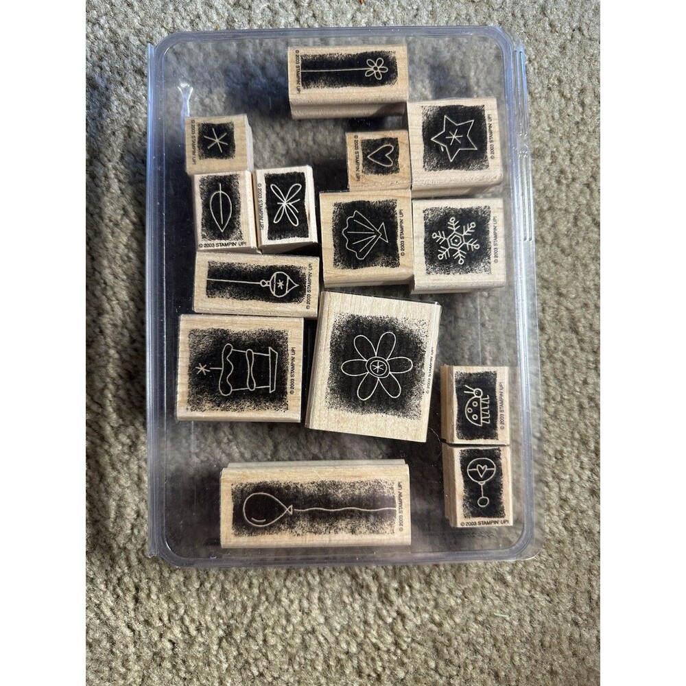 2003 Stampin Up! Stipple Celebrations wood mounted Rubber Stamp Set Of 14